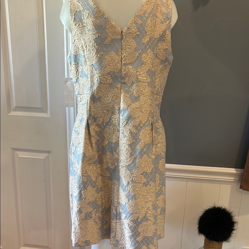 Donna Ricco Blue and Gold A-line Dress with V-Neckline and Pockets - Picture 3 of 8
